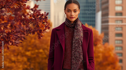 A bold advertisement for a womenâs clothing store, showcasing the latest fall styles in deep burgundy. The model is layered in a rich burgundy coat over a patterned scarf and trous photo