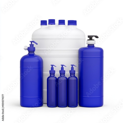 A collection of blue and white containers with pumps for liquids.