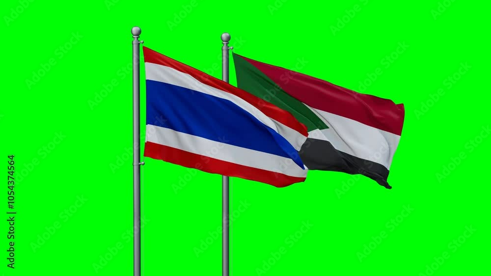 Sudan and Thailand flags flying together, video concept of the relationship with colored chroma key for easy background remove, two country cooperation concept Sudan and Thailand flags flying together, video concept of the relationship with colored chroma key for easy background remove, two country cooperation concept