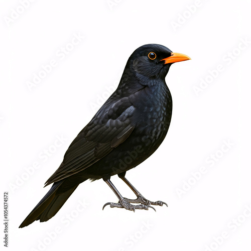 A small, black bird with a bright orange beak, standing on a white background