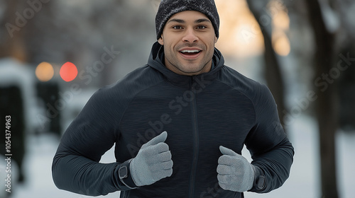 Man Jogging in Winter Attire in a Snow Covered Park During Early Morning Hours