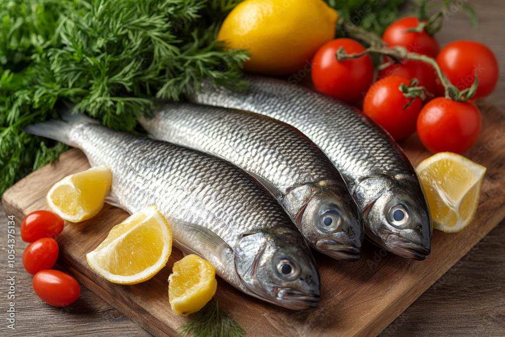 Fresh mackerel on wooden and vegetable background. Fish for cooking. Fresh mackerel on wooden and vegetable background. Fish for cooking.