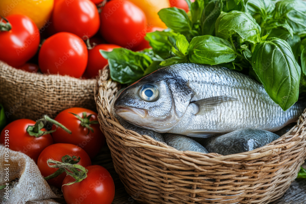 Fresh Dorado fish and basil in basket on vegetable background. Fresh Dorado fish and basil in basket on vegetable background.