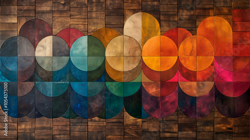 Wallpaper with colourful rounds on wooden background.
