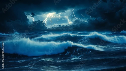 Lightning strikes illuminate the stormy sea at night