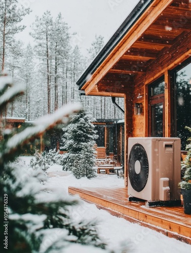 Air conditioner or outdoor unit of air-water heat pump braving the cold: a modern home. photo