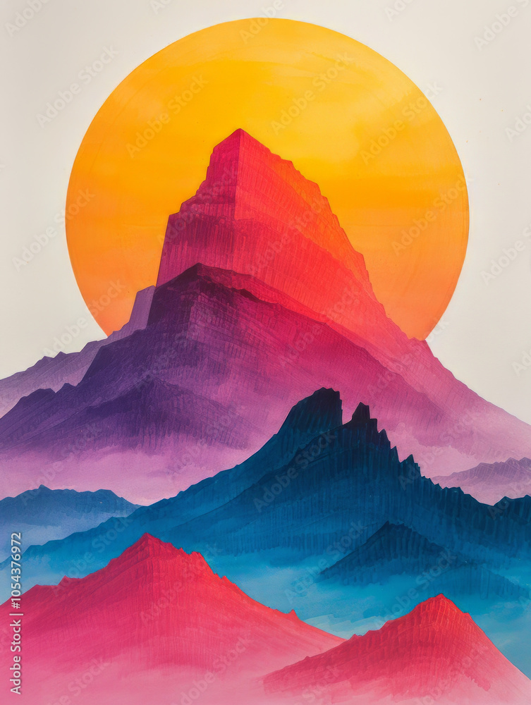 Fototapeta premium Create an abstract oil painting that vividly depicts a sunrise Mountain