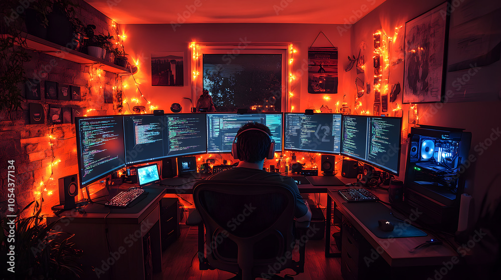 A stunning photography of a software engineer coding late at night, with colorful reflections from multiple monitors illuminating the dark room, symbolizing dedication and focus. A stunning photography of a software engineer coding late at night, with colorful reflections from multiple monitors illuminating the dark room, symbolizing dedication and focus.