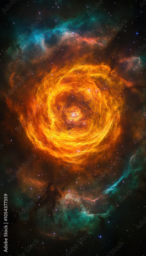 Fiery cosmic vortex in space with intense orange hues, resembling a cosmic storm spiralling in the universe.