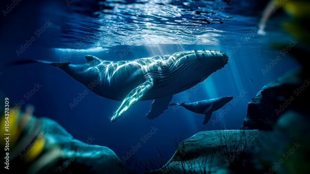 Naklejka premium A serene underwater scene of a mother whale and baby calf swimming gracefully, sunlit rays highlighting their smooth skin as bubbles trail behind, creating a calm, intimate ocean atmosphere.