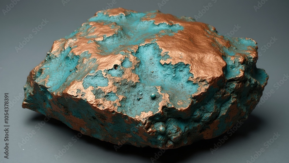 Rugged copper ore with red brown patches blue green patina and metallic luster