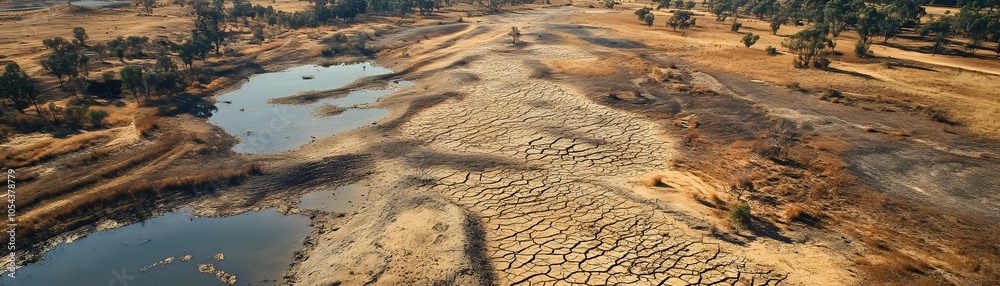 Aerial View of a Dry Riverbed with Cracked Earth and Scattered Trees Aerial View of a Dry Riverbed with Cracked Earth and Scattered Trees