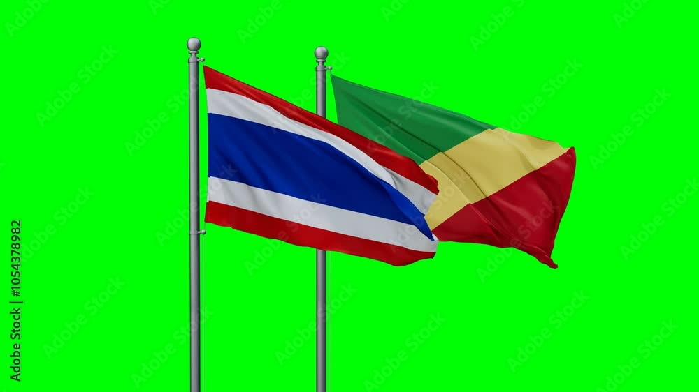 Republic of the Congo and Thailand flags flying together, video concept of the relationship with colored chroma key for easy background remove