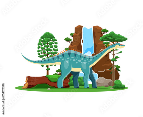 Cartoon prehistoric dicraeosaurus dinosaur character. Vector dino at lush prehistoric landscape. Peaceful scene of ancient history time with scenic waterfall, mossed tree log and vibrant greenery