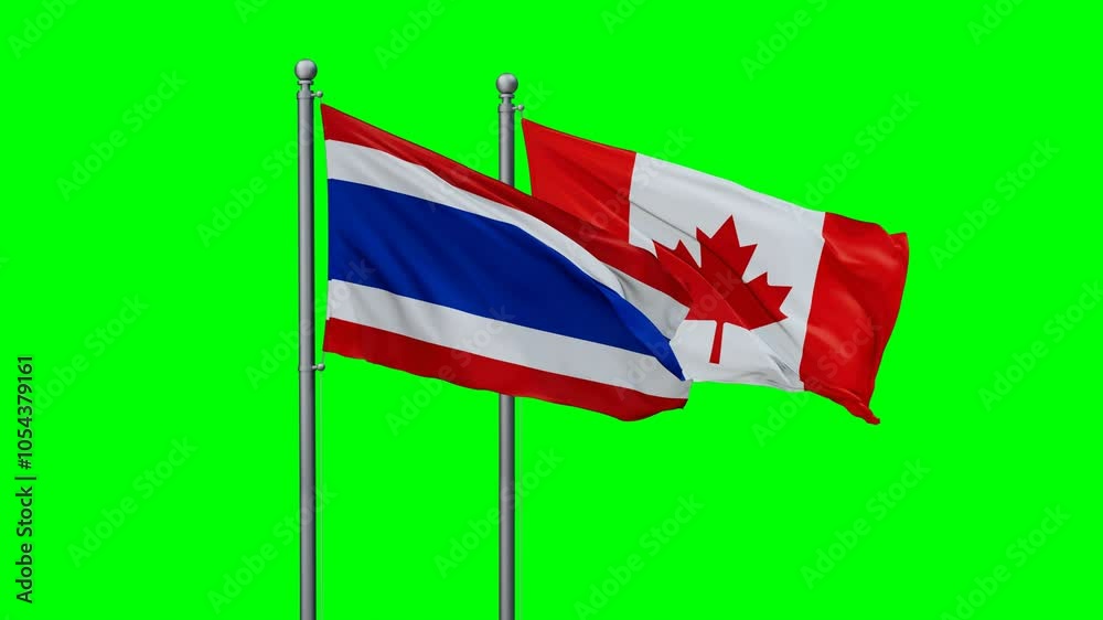 Canada and Thailand flags flying together, video concept of the relationship with colored chroma key for easy background remove, two country cooperation concept Canada and Thailand flags flying together, video concept of the relationship with colored chroma key for easy background remove, two country cooperation concept
