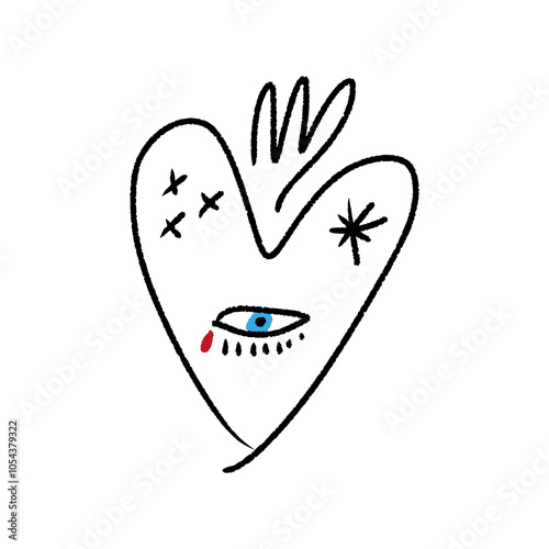Magical boho sacred heart with Nazar blue eye, love peace Valentine freedom symbol concept, hand-drawn editable saint amulet isolated on white background, vector clipart illustration.