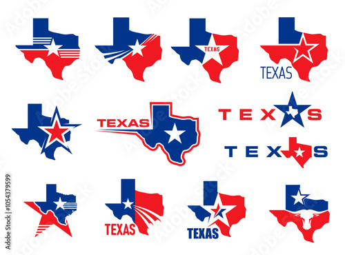 Texas state map icons with vector flag stars, blue, red and white stripes, lines and bull head. Silhouettes of Texas map, South Central region of USA country emblems, the lone star state prints