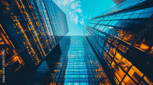 Wallpaper Mural Vertical view of modern skyscrapers with reflective glass in an urban setting, showcasing architectural design and bright lights at dusk Torontodigital.ca