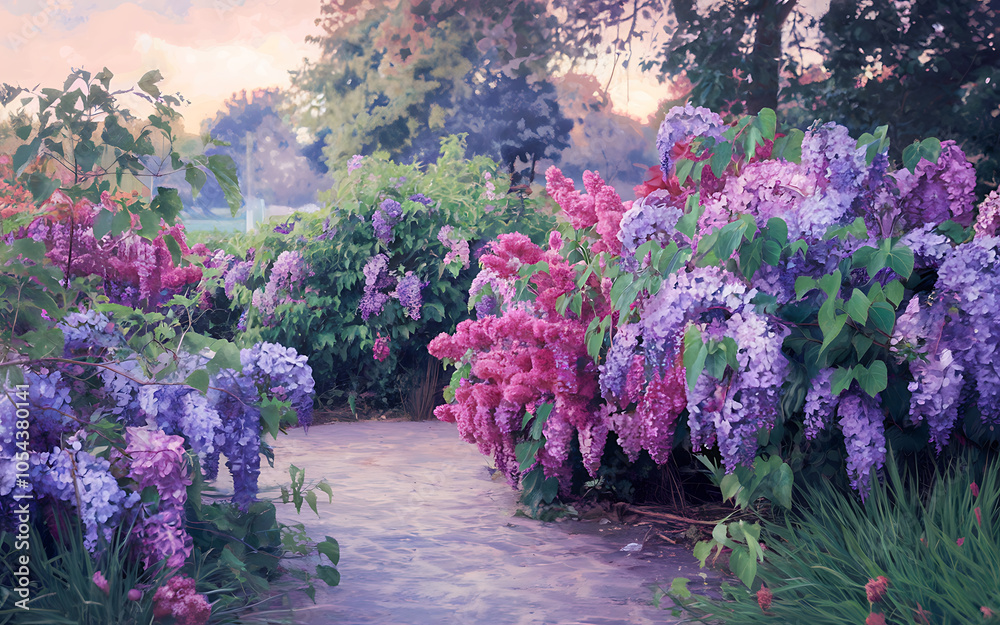 Obraz premium Purple and pink lilac flowers blooming in a garden path spring floral background 