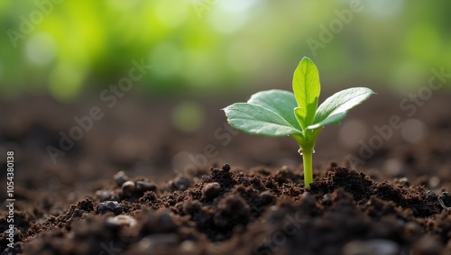 Fresh green sprout emerging from dark soil towards sunlight