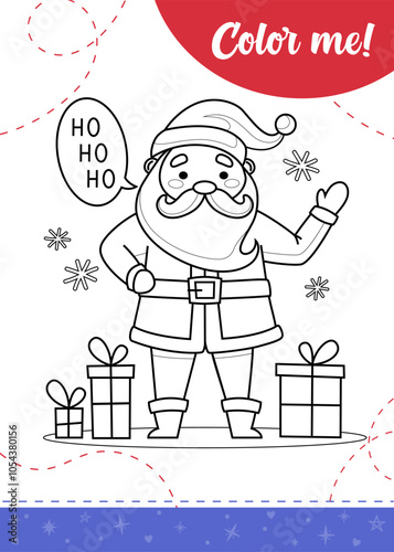 Coloring page for kids with smiling Santa Claus and gifts around.A printable worksheet, vector illustration.