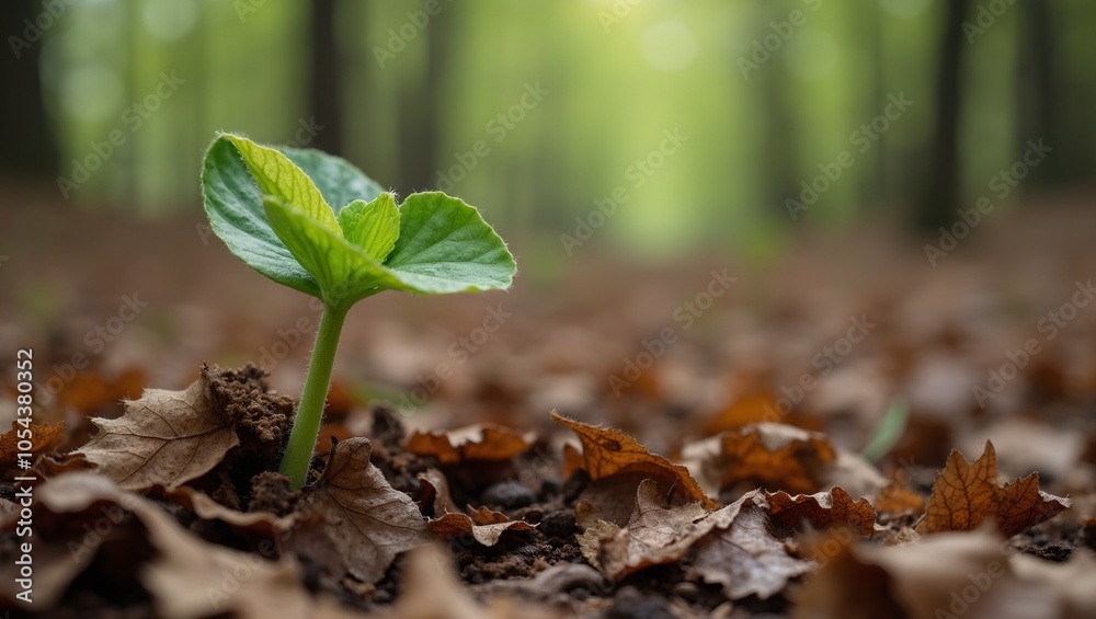 Fresh green sprout among dry leaves in forest Fresh green sprout among dry leaves in forest