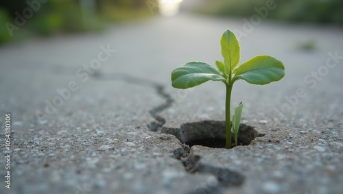 Resilient green sprout breaking through concrete symbolizing hope