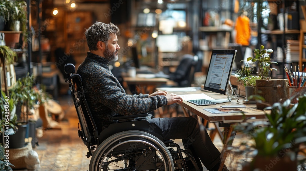 Obraz premium A wheelchair user working comfortably at a modern desk in a cozy library in daylight