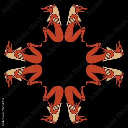 Geometrical cross shape animal frame with seated Ancient Egyptian pharaoh foxes.
