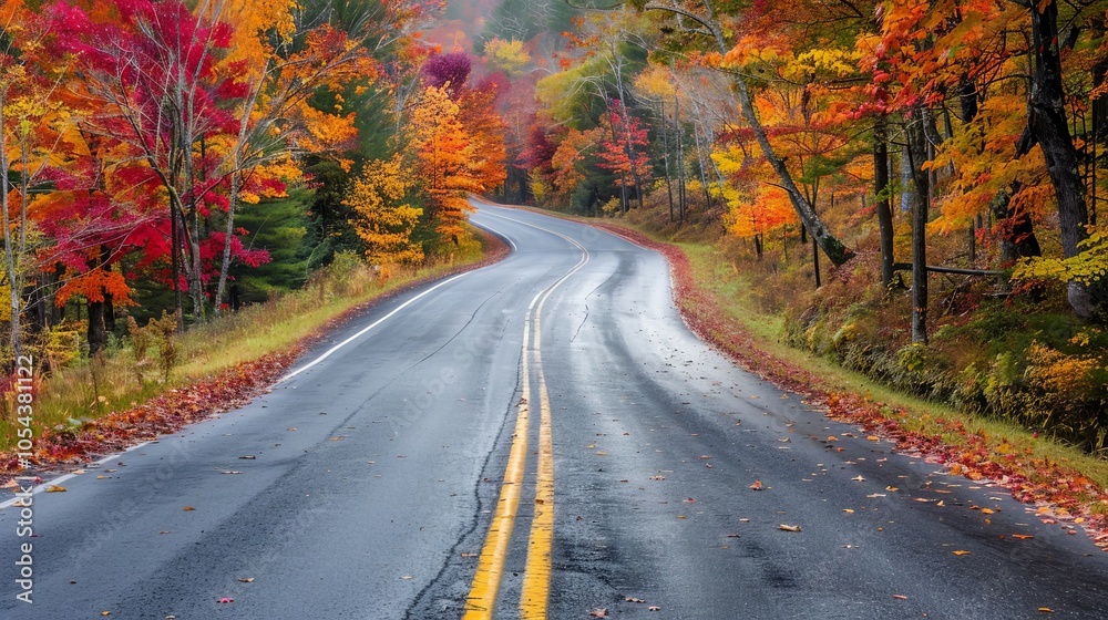 Scenic autumn road with colorful fall foliage on both sides Scenic autumn road with colorful fall foliage on both sides