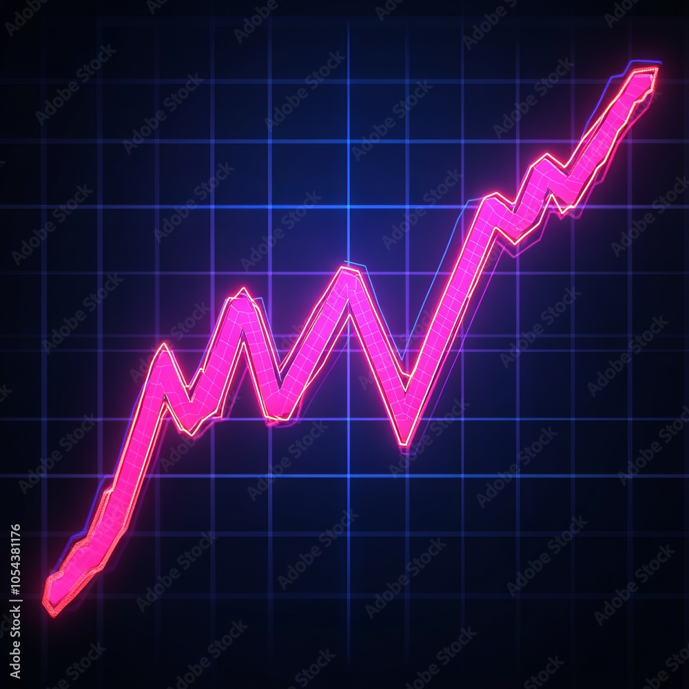 Naklejka premium A neon pink upward trend line on a grid background, symbolizing growth.
