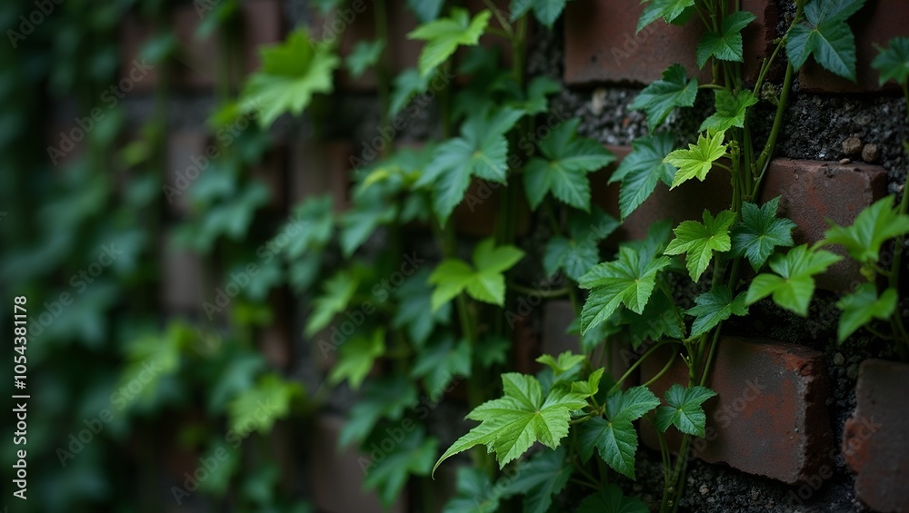 Vibrant sprout amidst lush ivy on brick wall Vibrant sprout amidst lush ivy on brick wall