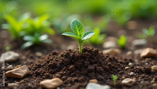 New sprout emerging from dark clay rich soil in flower bed surrounded by stones and plant fragments