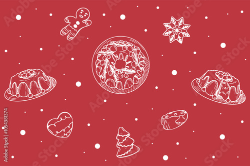 Set of Christmas classic cupcakes and gingerbreads, different shapes in hand-drawn style. Design of Christmas set with classic cupcakes, from different sides, and gingerbreads in vector style.