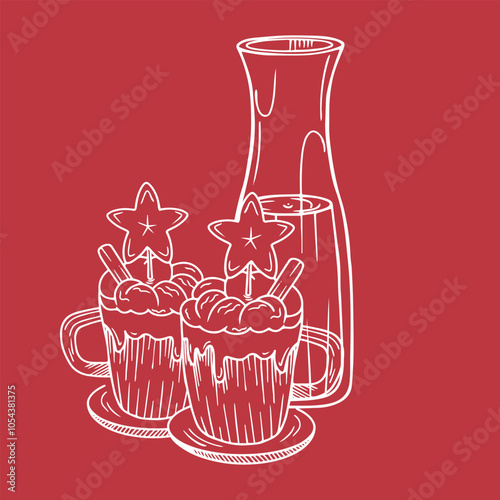 Cute composition of standing atmospheric decorated eggnog drinks in glass cup and in glass jug in hand drawn style. Illustration of Christmas drink poured in glass cups and decorated with stars on top