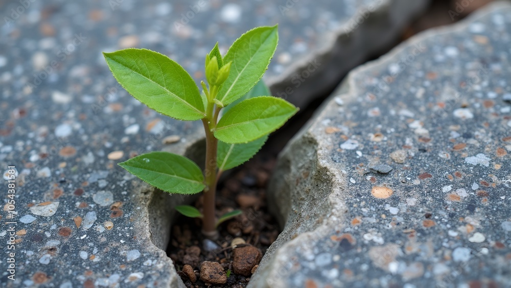 Fresh green sprout emerging from granite crevice mica flakes sparkle Fresh green sprout emerging from granite crevice mica flakes sparkle