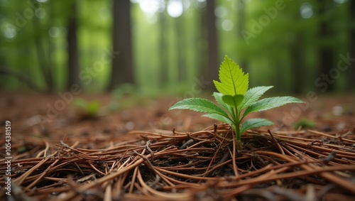 Vibrant sprout among decomposing pine needles in forest photo