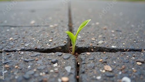 Resilient sprout breaking through asphalt in old country road