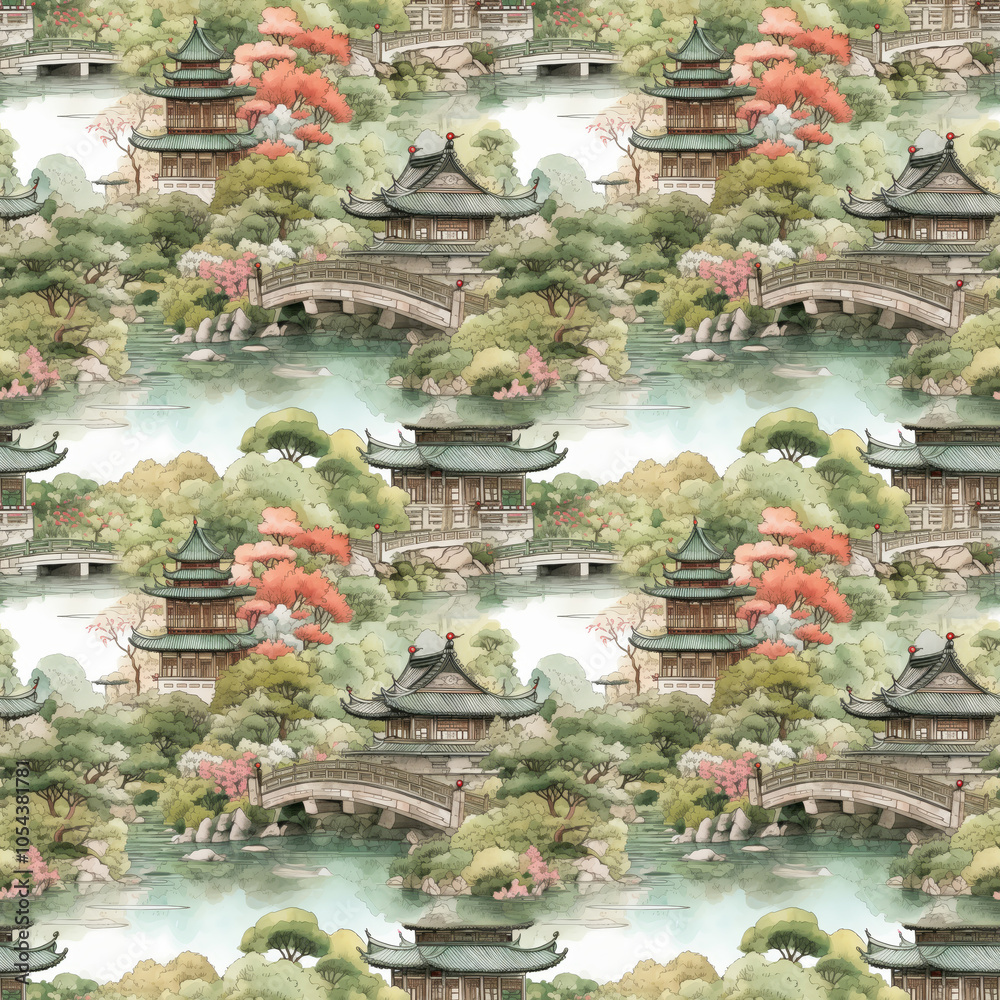 Fototapeta premium Japanese Garden Watercolor seamless pattern. Pattern for wallpaper, background, print on fabric and paper.