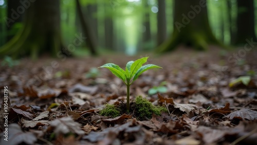 Vibrant green sprout emerging from cypress leaves in forest photo