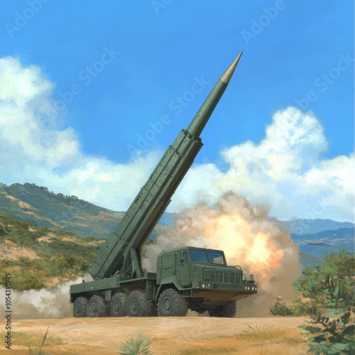 A military vehicle launching a missile in a landscape setting. photo