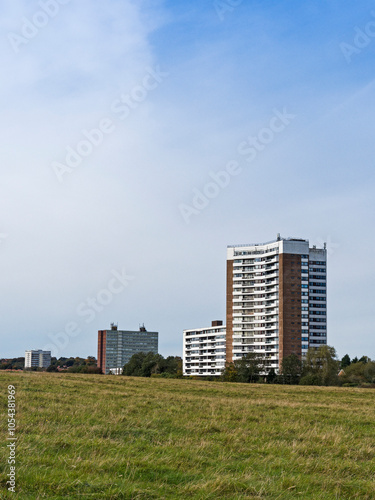 Green field with trees and a block of flats or apartments, UK