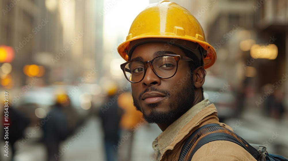 A construction worker in a yellow hard hat and glasses gazes confidently at the camera while standing on a bustling urban street filled with activity and movement A construction worker in a yellow hard hat and glasses gazes confidently at the camera while standing on a bustling urban street filled with activity and movement
