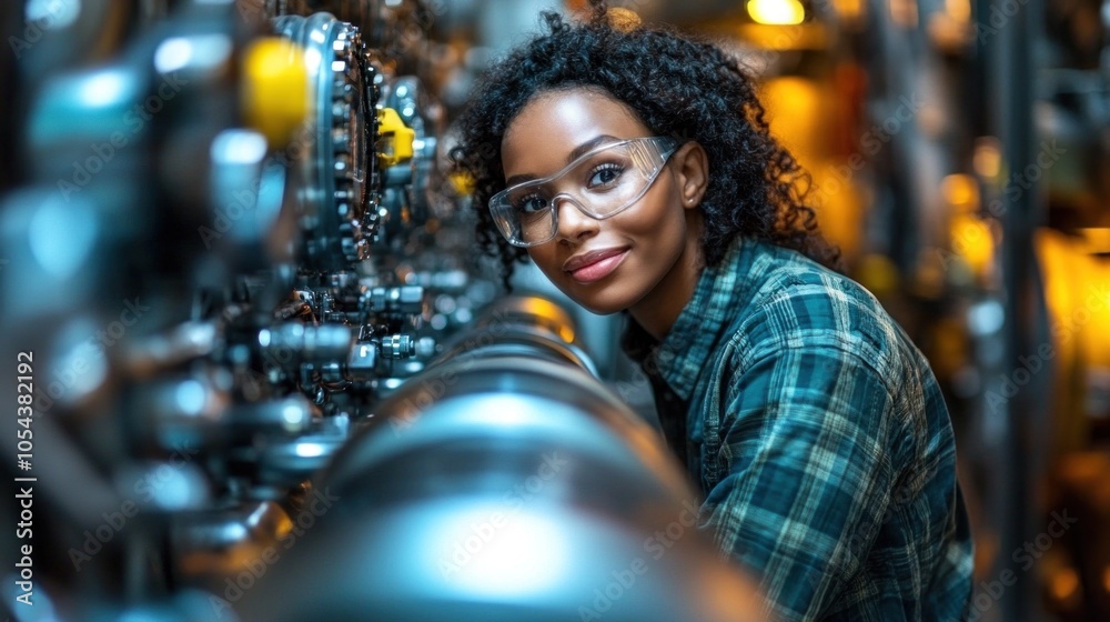 A dedicated young woman in glasses confidently engages with machinery in an industrial setting, demonstrating her expertise and commitment to her craft