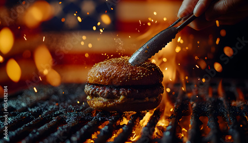 Flame-Grilled Perfection: Juicy Burger on the Grill , AI GENERAT photo