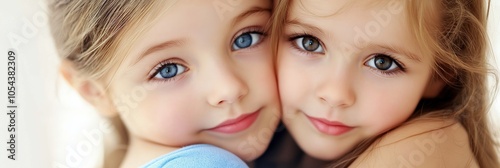 Intimate portrait of two young sisters with striking blue eyes, showcasing their innocent charm and bond. photo