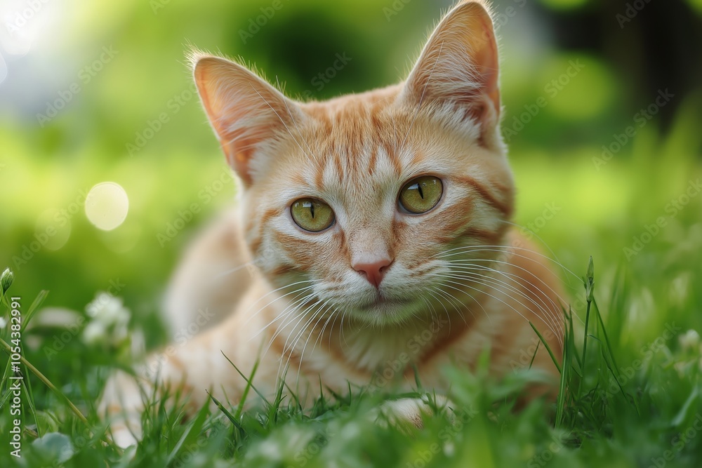 An orange tabby cat lounging in the lush green meadow, its eyes fixed thoughtfully as it lays relaxed in nature. An orange tabby cat lounging in the lush green meadow, its eyes fixed thoughtfully as it lays relaxed in nature.