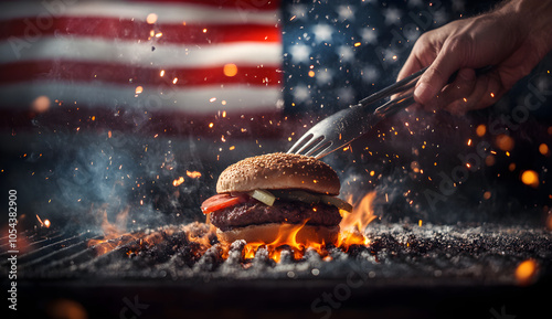 Flame-Grilled Perfection: Juicy Burger on the Grill , AI GENERAT photo