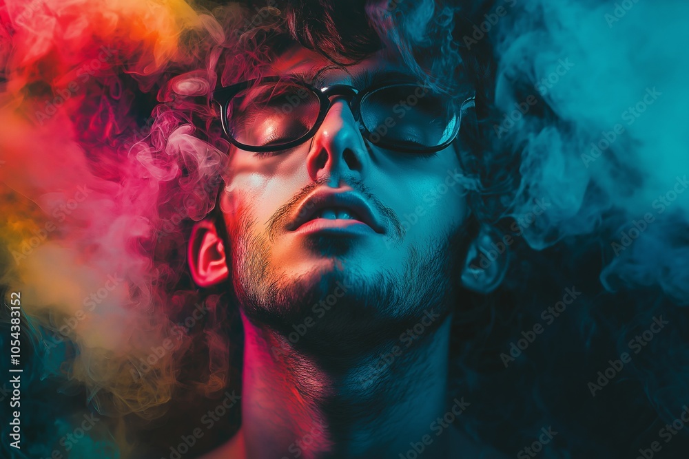 A stylish man in glasses is enveloped by a swirl of vibrant smoke, evoking a sense of mystery and creativity. A stylish man in glasses is enveloped by a swirl of vibrant smoke, evoking a sense of mystery and creativity.
