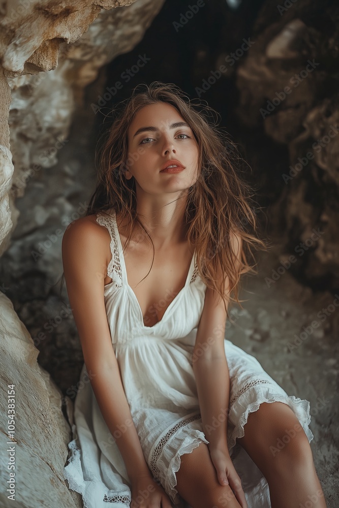 Naklejka premium A young woman in a white dress sits gracefully within a cave's embrace, exuding contemplation and natural beauty.